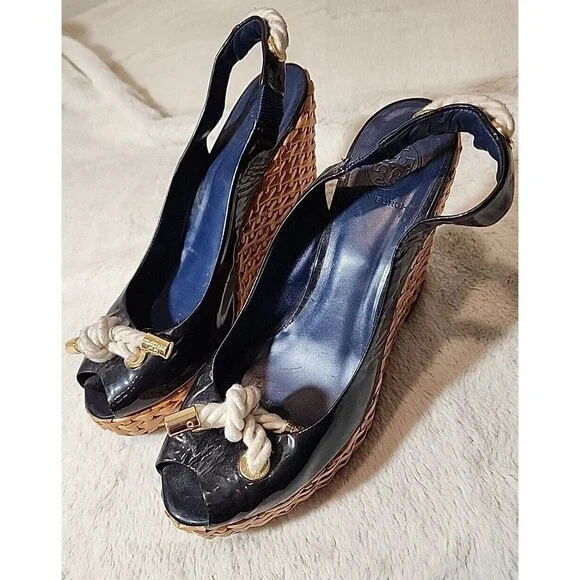 Tory Burch Navy Blue Patent Rope Bow Wedge Slingback Peep Toe Sandals Womens 10 - Picture 3 of 11
